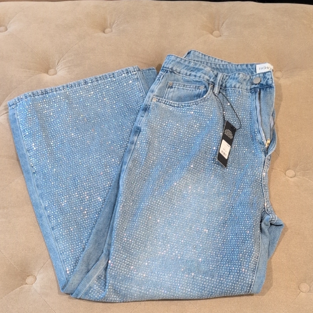 Fashion Nova Light Blue Sparkle Straight Leg Jeans